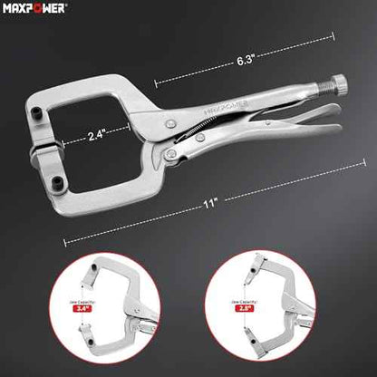 MAXPOWER 11-Inch C Clamp Locking Pliers Set, Flexible Jaws Change with Pads or Regular Tips