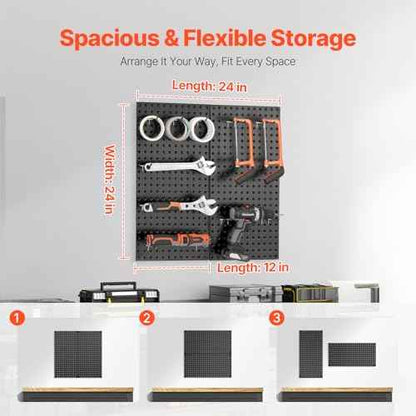 VEVOR Metal Pegboard Panels, 24" x 12" Pegboard, 2 Panels, Heavy Duty Peg Board Wall Organizer with Accessories, for Living Room Garage Tool Storage Office Organization Craft Room Kitchen Home, Black
