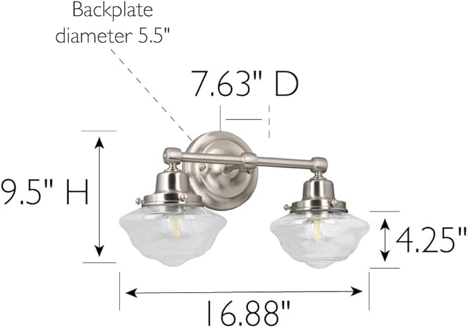 Design House Vintage-Inspired Schoolhouse 2-Light Dimmable Vanity Light, 16.875 in x 7.625 in x 9.5 in, Satin Nickel, Clear Seeded Glass Shades, 589135-SN