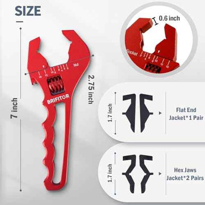 Non Marring AN Fittings Wrench Adjustable Aluminum AN Wrench For 3AN-16AN Hose End Fittings With Replaceable Hex Type & Flat Type Jaw Protectors, Red.