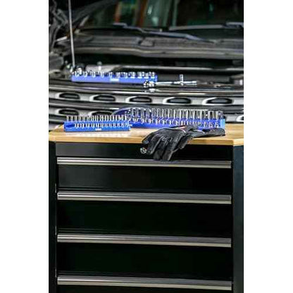 ARES 60036-3-Piece Blue Metric Magnetic Socket Organizer Set - Includes 1/4-Inch, 3/8-Inch, and 1/2-Inch Socket Holders - Holds Standard Size and Deep Size Sockets - Keeps Your Tool Box Organized