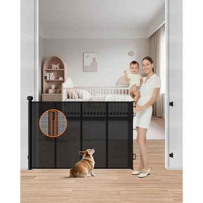 Retractable Baby Gate, 55" Wide Mesh Gate with 4 Reinforced Rods, Prevents Kids & Dogs from Crawling Under, 34" Tall Easy-to-Use Pet Gate for Stairs, Bedrooms, Hallways, Indoor/Outdoor, Black