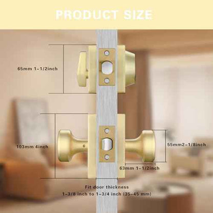 Gold Door Knobs Interior with Lock, Satin Brass Exterior Door Lock Set with Deadbolt