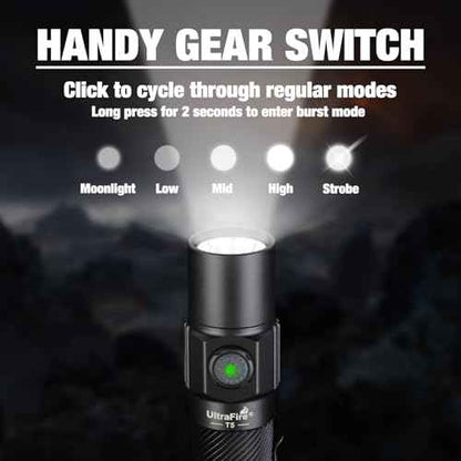 ULTRAFIRE Tactical Flashlight with Belt Holster, 1800 High Lumen Rechargeable Flashlight with Duty Belt Holder, Security Flashlight for Police, Law Enforcement, 6 Modes LED Flashlight with Dual Switch