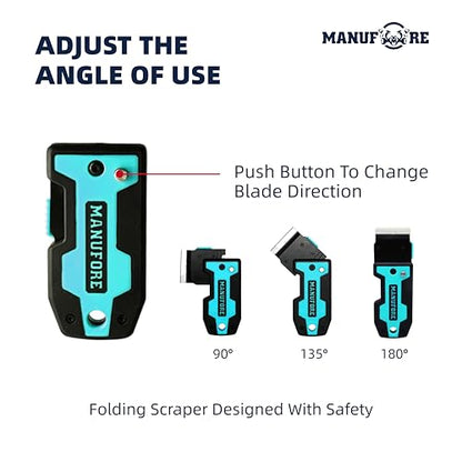 MANUFORE Folding Cleaning Scraper Blue Portable Multi-Purpose Razor Blade Scraper for Cleaning Glass, Stove-top, Window, Floor(2 Scrapers, 10 Stainless Steel Blades)