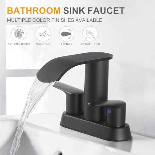 Waterfall Bathroom Faucet 4 Inch Centerset ? WOWOW 2 Handle Matte Black Sink Faucet for 2 or 3 Hole Vanity, Modern Stainless Steel Zinc Alloy with Pop Up Drain and cUPC Hose for Basin