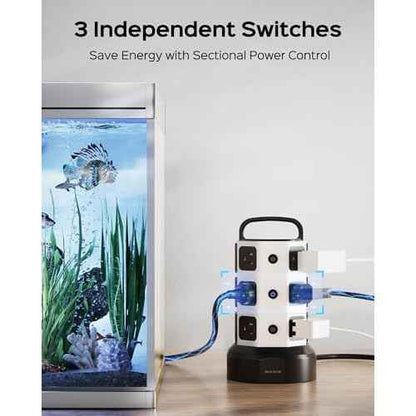 Power Strip Tower Surge Protector, JACKYLED 1625W 13A Outlet Surge Electric Tower, 12 Outlets 6 USB Ports Charging Station with 16AWG 15ft Heavy Duty Extension Cord for Home Office Dorm