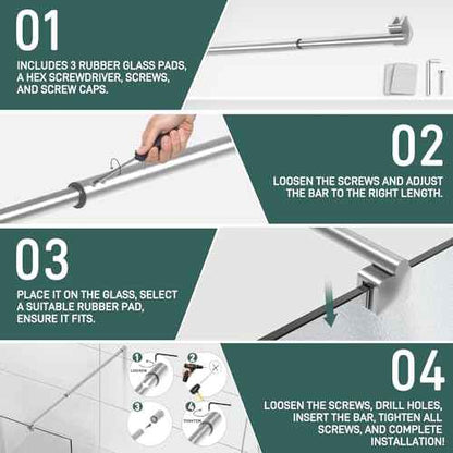 Shower Door Support Bar, 27.5'' to 47.2'' Telescopic Stainless Steel Wall-to-Glass Support Bar for 1/4"(6mm) to 3/8"(10mm) Thick Glass, Fixed Panel Support Rod, Brushed Nickel