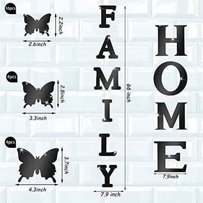 Outus 3D Family Home Sign Letters Living Room Decor Family Rustic Farmhouse Wall Decor Acrylic Mirror Decorative Butterfly Mirror Wall Sticker Decals for Living Room Bedroom Kitchen (Black)