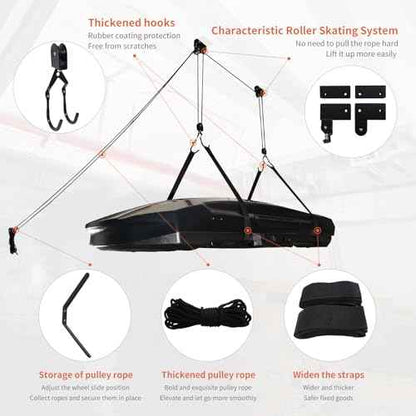 SYDSZ Cargo Box Ceiling Hoist ? Garage Pulley Lift System for Rooftop Cargo Carrier Fits Garage or Shed with 200lb Capacity for Roof Luggage Frame or Kayak, Canoe or Bicycles