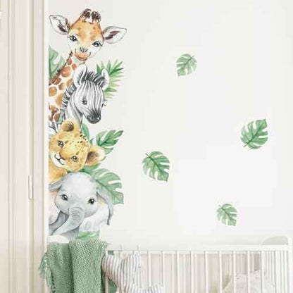 Supzone Jungle Animal Wall Stickers - Cartoon Animal Wall Decals with Giraffe, Zebra, Elephant & Green Leaves - Wall Art Stickers for Kids, Baby Nursery, Bedroom, Playroom & Kindergarten Decor