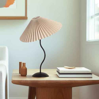 KUNJOULAM Small Pleated Table Lamp, Bedside Nightstand Lamp with Beige Lampshade Black Base, Morden Mini Lamp for Bedroom Home Office Decor, E12 Bulb Included