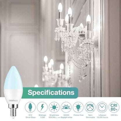 40 Pack Chandelier Light Bulbs 60 Watt Equivalent, Candelabra LED Light Bulbs, E12 LED Bulb Daylight 5000K, Type b Light Bulb 5.5W, Candelabra Base, 120V, B11 Candle Light Bulb, Non-Dimmable