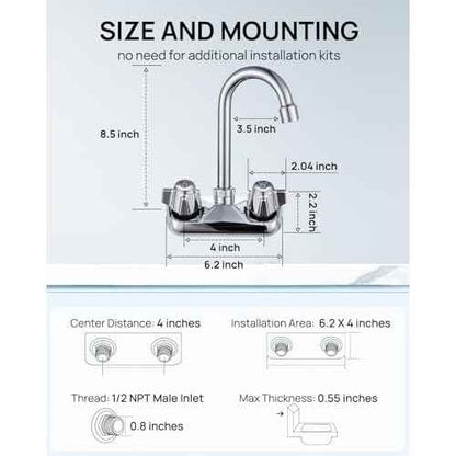 4" Center Hand Sink Faucet Kitchen Faucet Wall Mount Back Mount, Commercial Sink Faucet for Restaurant Triple 3 Compartment Sink, Gooseneck Knob Handle 2 Hole Industrial Laundry Bar, Brass