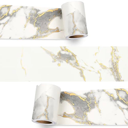 Decotalk White Marble Wallpaper Border 3x236 Inch Peel and Stick for Bathroom Mirror Frame