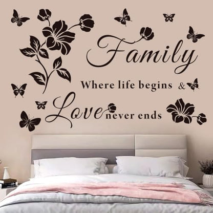 Family Wall Decor Stickers, Black Floral Quote Wall Decal Vinyl Sticker for Living Room, Bedroom, Kitchen, Dining, Office, Glass Surface