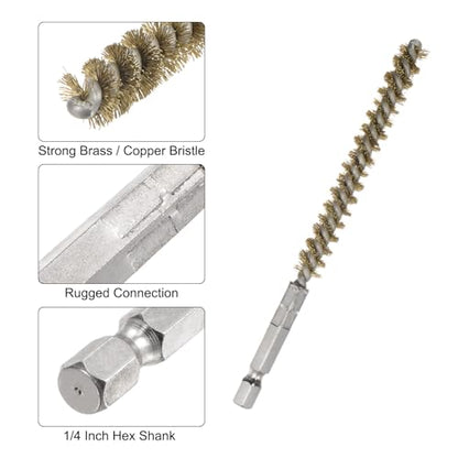 HARFINGTON 5Pcs Bore Brush Brass 8mm Dia Cleaning Twisted Bronze Wire Brush Tube Pipe Cleaner with Handle 1/4 Inch Hex Shank for Tubes, Ports, Bearings