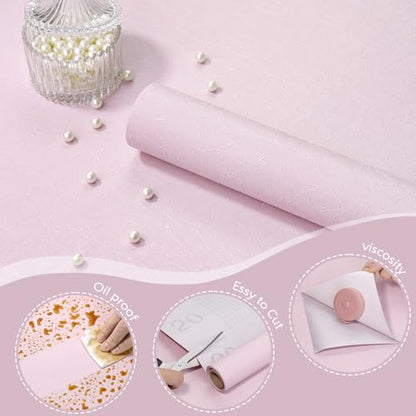Yun-aeon Pink Silk Peel and Stick Wallpaper 17.3"x120" Embossed Textured Contact Paper Removable Waterproof Self Adhesive Vinyl Wallpaper for Bedroom Kitchen Cabinet Furniture