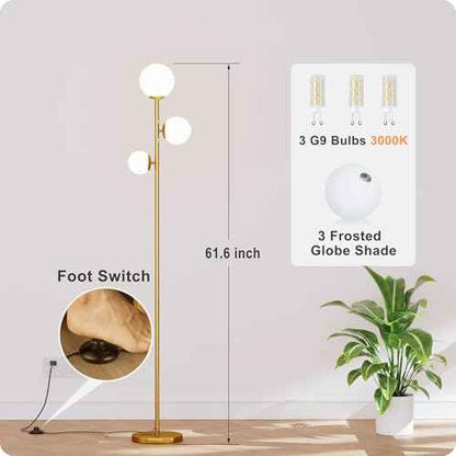 Floor lamp with 3 Frosted Glass Shades,Stangding Lamp Floor Lamps for Living Room Bedroom Office with 3 led Bulbs,Tall lamp with Foot Switch (Gold)