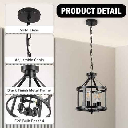 Black Farmhouse Chandelier, 4-Light Pendant Lights Over Kitchen Island, Industrial Chandelier Ceiling Hanging Light Fixtures for Entryway Dining Room Foyer Hallway Living Room, Adjustable Height