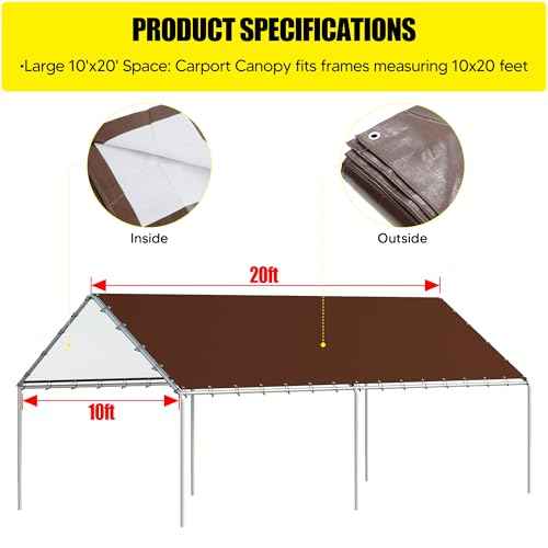 10 x 20 Ft Carport Replacement Canopy Cover Garage Top Tent Shelter Tarp with Free 48 Ball Bungee Cords,Brown (Only Cover, Frame Not Include)