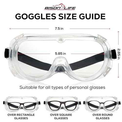 BISON LIFE Clear Anti-Fog Safety Goggles, Chemical Splash Resistant, Adjustable Strap, Anti-Scratch Eye Protection Glasses
