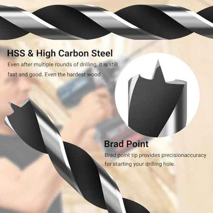 Extra Long 9.05" Brad Point Wood Drill Bit Set Metric - 7 Pack Carpenters Quality - Drill Splinter-Free Perfectly Round Holes in All Types of Wood (1/8",3/16",1/4", 5/16",3/8",7/16",1/2")