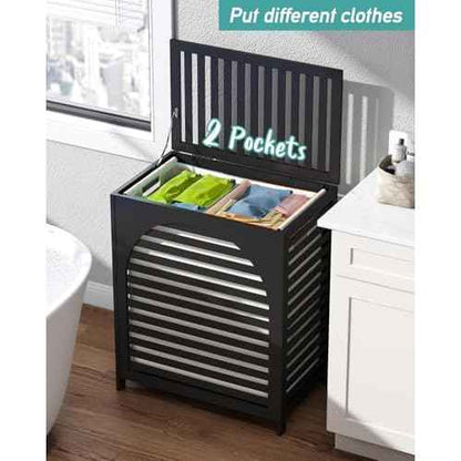 Black Laundry Hamper, Laundry Hamper with Lid, 27.3 Gallon (103L) Bamboo Wood Clothes Laundry Basket with Lid and Handles, Removable Liner