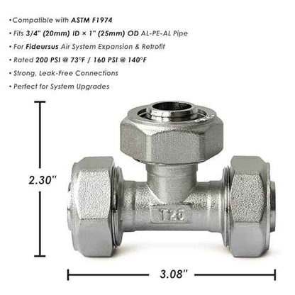 3/4 Brass-Nickel Plated Equal Tee Fitting for 3/4" Tubing (25mm OD) Compatible with Compressed Air Piping System, Compressor Accessories for Shop Garage Air Line System#F3024 | 2PCS