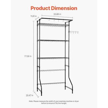 VEVOR Over The Washer and Dryer Storage Shelf, 3 Tier Laundry Room Drying Rack with Hanger Rod and Hooks, Adjustable Over Washer and Dryer Shelves, Laundry Room Shelf Storage Space Saver, Black