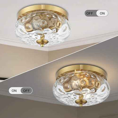 Darkaway Ceiling Light Fixtures Flush Mount Indoor Outdoor Ceiling Light with Water Ripple Glass Shade for Hallway Kitchen Bedroom Porch Living Room Gold Finish
