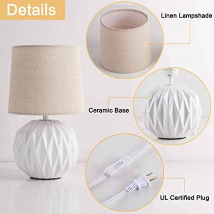 Somniferous Ceramic Bedroom Table Lamps Set of 2, Small Bedside Lamp, White Lamp with Linen Shade, Mid Century Modern Nightstand Lamp for Bedroom Living Room Office, 7W LED Bulb Included