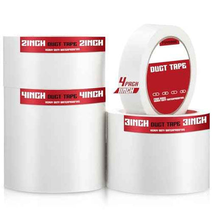 4 Pack Duct Tape White Heavy Duty 1inch 2inch 3inch 4inch*50ft Waterproof Outdoor Adhesive Tape Industrial Grade Duct Tape Strong Adhesive, No Residue for Home Improvement Indoor and Outdoor
