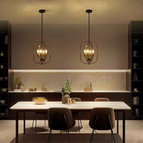 Black Chandeliers for Dining Room, 4-Light Farmhouse Entryway Chandelier, Simple Laundry Room Chandelier, Metal Hanging Light Fixture for Kitchen Island Foyer Stairway Hallway Breakfast