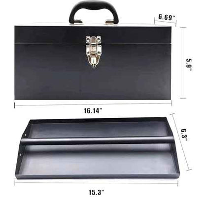 Small Tool Box Mini Toolbox Small Metal Tool Box 16" Portable Metal Toolbox with Latch Closure for Basic Tool Kits or Craft Storage Black