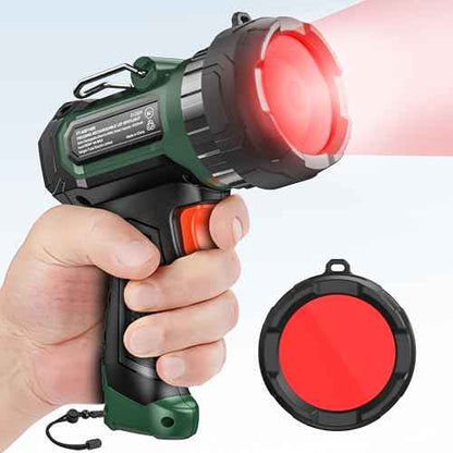 FORTO Handheld Compact Spotlight with Red Lens, 1400 Lumens Rechargeable Spot Light with Adjustable Focus, 823m Range, 3 Light Modes, Suitable for Hunting Boating Camping Hiking Observe Animals