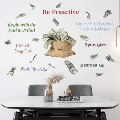 2Sheets Creative Money Bag Filled Dollars Object Wall Decal Removable DIY Inspirational Quotes Wall Decals Vinyl Peel and Stick Money Wallpaper for Girls Boys Bedroom Living Room Bathroom Decor