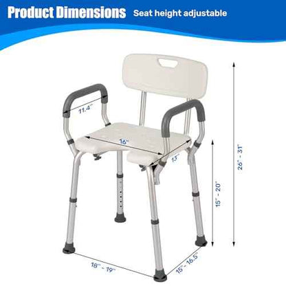 Shower Chair with Arms and Back Heavy Duty 330lbs, Shower Seat for Inside Shower Bathroom Chair with U-Shaped Cutout Seat & Cold-Proof Pads, Tools-Free Assembly
