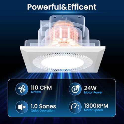 Hon&Guan Bathroom Exhaust Fan with Light, Upgraded Quiet Square Bathroom Vent Fan with Adjustable LED Light 3000K/4500K/6500K, 110 CFM, 1.0 Sones, Exhaust Fan with Light for Home Bath Hotel