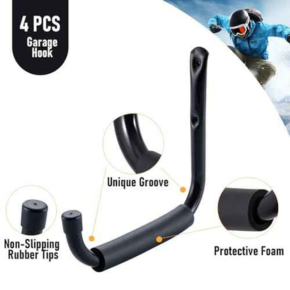 HOME MASTER HARDWARE Heavy Duty 9" Jumbo Arm Garage Wall Hooks 4 Pack ? 50Lbs Ladder Hangers, Wall Mount Utility Storage for Bikes, Folding Chairs, Kayaks & Bulk Items