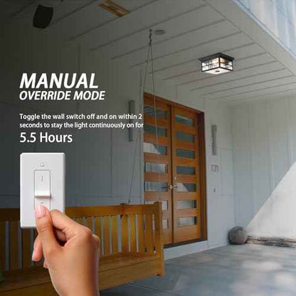 Industrial Motion Sensor Outdoor Flush Mount Ceiling Light, Water Ripple Glass Square Black 2-Light Ceiling Lamp for Porch, Entryway, and Garage, Timer and Sensitivity Adjustable
