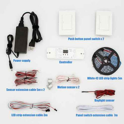 Motion Sensor with Daylight Sensor LED Stair Light Kit KMG-45, 16.4FT Warm White 3000K Cuttable LED Strip Light for Indoor Handrail Stair Lights