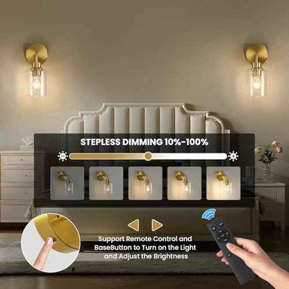 Battery Operated Wall Sconce Set of Two - Dimmable Wireless Sconces Set of 2 with Remote Control, Cordless Rechargeable Gold Wall Lights 3000K Modern Wall lamp for Bathroom Bedroom Living Room