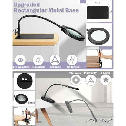 5 Inch Large Magnifying Glass with Light and Stand, 10X Hands-Free Desk Lamp & Clamp, 5 Color Modes Stepless Dimmable Flexible Gooseneck, LED Lighted Magnifier for Repair Crafts Close Work Painting