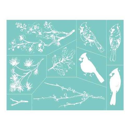 Briartw Two Cardinals & Seasonal Branches Silkscreen Stencil Reusable Self-Adhesive Mesh Stencils Silk Screen Stencil Printing for Polymer Clay Home Decoration Printing on Wood Fabric Wall Cup Plate