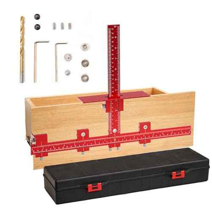 Cabinet Hardware Jig Punch Locator with Extended Ruler, Aluminum Alloy Cabinet Template Tool with Upgrade Box for Installation Handles Knob on Drawer Door Pulls (Red)