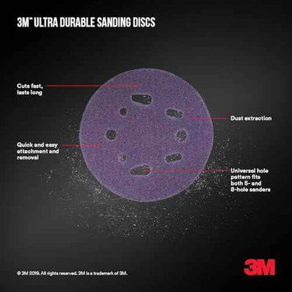 3M Ultra Durable 5 inch Power Sanding Discs, Universal Hole, 220 Grit, 10/Pack
