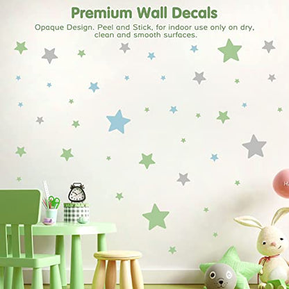 Stars Wall Decals Peel and Stick, Green Blue Grey Stars Wall Stickers for Adults Bedroom, Vinyl Stars Wall Decals for Living Room