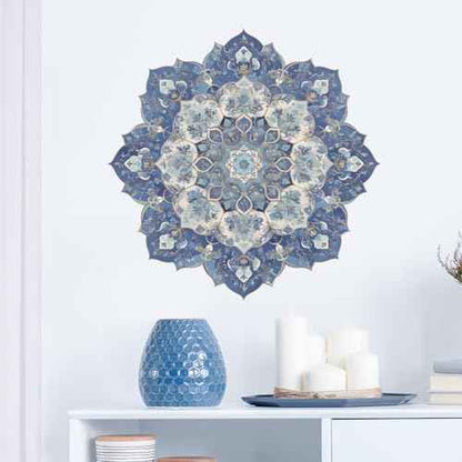Zen Blue Floral Mandala Wall Decals Removable Boho Vinyl Stickers for Meditation Living Room and Yoga Space Floral Decor Peel and Stick Wall Art