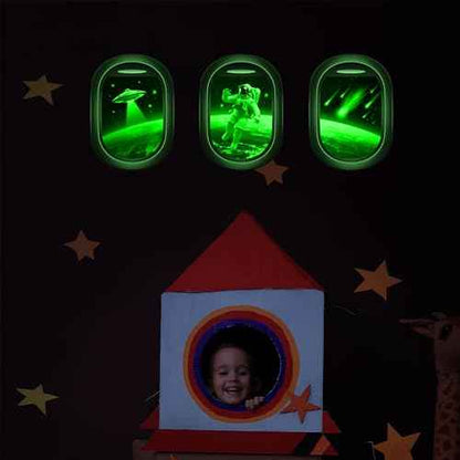 Glow in The Dark 3D Space Wall Decals, Set of 3 Galaxy Window Stickers for Wall, Space Themed Room Decor for Kids Boys (Green)
